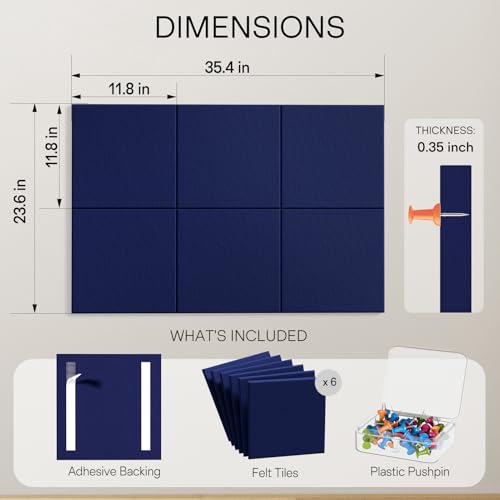 MaxGear Felt Bulletin Board 36" x 24", Dark Blue Felt Wall Tiles Push Pins - color: Dark Blue, size: 36" x 24"