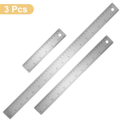 HARFINGTON 3pcs Stainless Steel Metal Ruler 15/30/45cm Straight Edge with Cork Backing Non-Slip Inch Metric Metal Ruler for Classroom Office Home Drafting Tools - size: 15/30/45cm