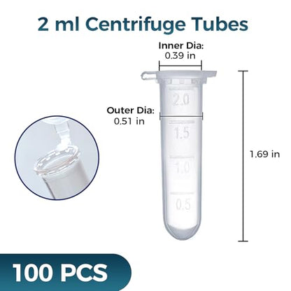 100Pcs 2ml Centrifuge Tubes with Snap Cap, Small Sterile Microcentrifuge Tube Test Vials Plastic Sample Storage Container Clear Graduated Non-Pyrogenic, DN/RNase Free for Lab - size: 2ML-100PACK
