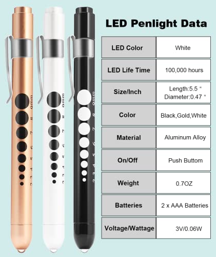 MEUUT Medical Pen Lights for Nurses 3 Pack & 6 AAA Batteries for EMT - color: Black+White+Gold