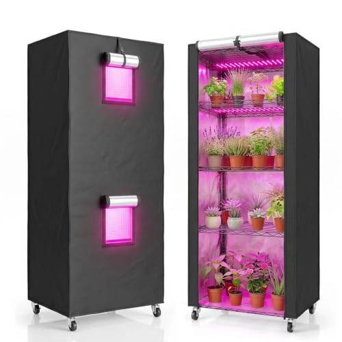 Indoor Greenhouse with Grow Light - 5 Tier DIY Seedling Rack with Observation Window, 4 Pack 48W Full Spectrum Grow Lights with Timer & 3 Mode for Indoor Plants, Seed Starting, 22x11.8x61 Inches