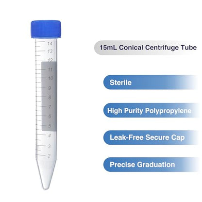 Kashi Scientific 15mL Screw Cap Conical Centrifuge Tubes, Sterile Test Tubes with Blue Lids, Lab-Grade Polypropylene Plastic, Printed Graduation and Write-on Spot [15mL, 300] - size: 15mL, Conical, Sterile