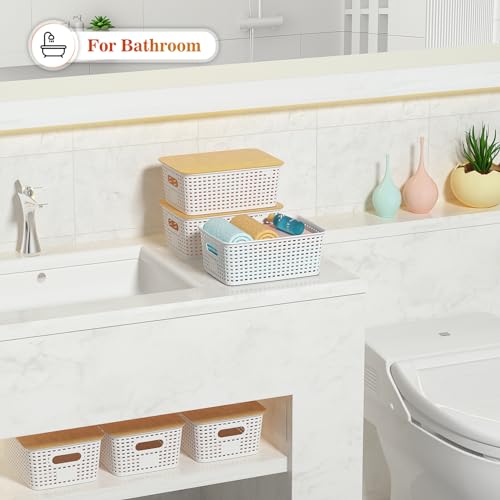 Ohmlove 6 Pack Plastic Storage Baskets with Bamboo Lids for Organization - color: Cream White