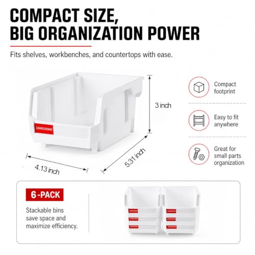 6 Pack Stackable Parts Bins, 5x4x3 in, Plastic Small Parts Organizer,White - color: White-6 Pack, size: 5"x4"x3"