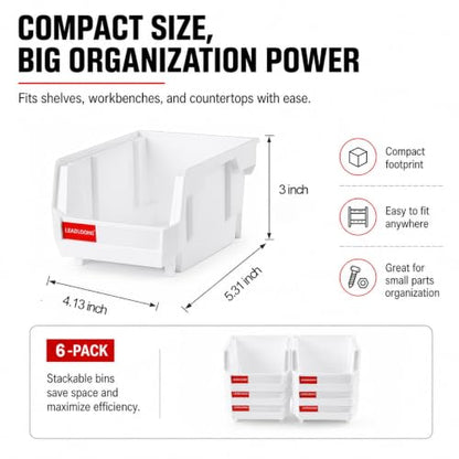 6 Pack Stackable Parts Bins, 5x4x3 in, Plastic Small Parts Organizer,White - color: White-6 Pack, size: 5"x4"x3"