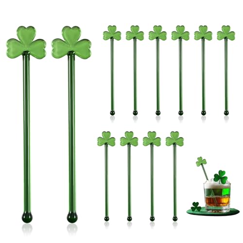 Qinyoung 12 Pcs St. Patrick's Day Glass Drink Stirrers 7 Inch Swizzle Sticks for Cocktails Coffee Reusable Green Shamrock Beverage Stir Sticks for Irish Festival Party Coffee Bar Kitchen Bar - style: Green Shamrock