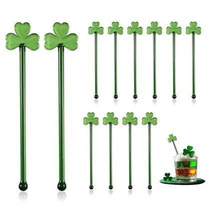Qinyoung 12 Pcs St. Patrick's Day Glass Drink Stirrers 7 Inch Swizzle Sticks for Cocktails Coffee Reusable Green Shamrock Beverage Stir Sticks for Irish Festival Party Coffee Bar Kitchen Bar - style: Green Shamrock