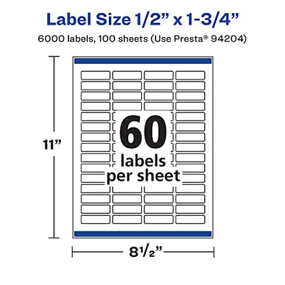Avery® Matte White Removable Rectangle Labels, Sure Feed® Technology, Print-to-The-Edge, 0.5" x 1.75", 6,000 Removable Labels, Laser/Inkjet Printable - style: 6,000 labels