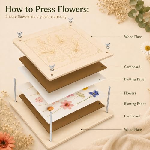 MeRGBWLife Flower Press - 11"x11" Wooden 10 Layer Flower Press Kit for Crafts Pressed Flowers & Plant Press, Scrapbooking, Bookmark Making, Wedding Bouquet Preservation, Dried Flowers - size: 11"x11"
