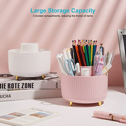 360 Degree Rotating Desk Pen/Pencil Holder, 5-Slot Organizer, Cute Pink Desk Accessory - color: Elegant Pink