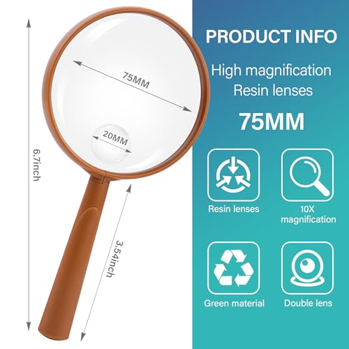 Feosky Handheld Reading Magnifier, 10X Magnifier, 75mm Shatterproof Lens, Adults Close Work Non-Slip Handle for Seniors Reading and Nature Exploration(Light Brown) - color: Light Brown, size: 75mm