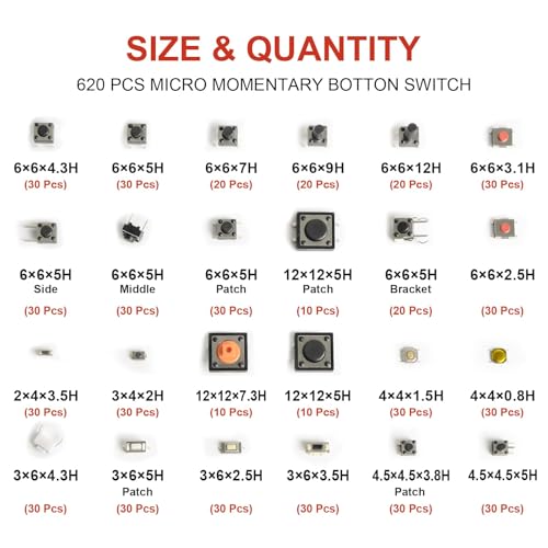 620 Pcs 24 Value Micro Momentary Tactile Switch Assortment Kit - style: 620 Pcs 24 Value