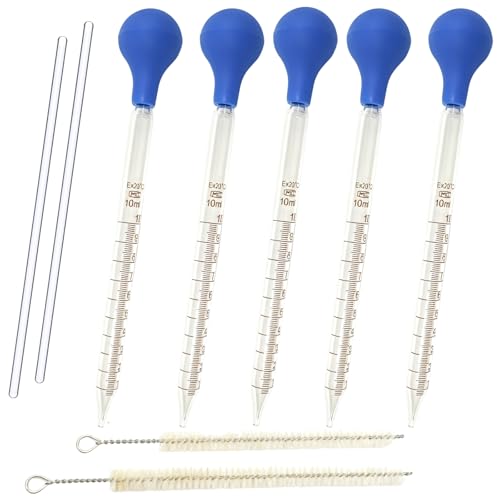 Glass Serological Pipettes Drop Set, 10mL Capacity, Blue Bulb, 5-Pack with Brush & Glass Stirring Rod