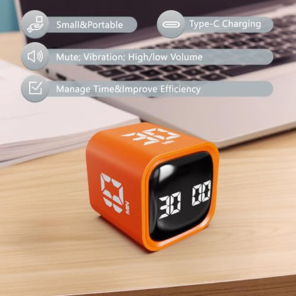 GuDoQi Multi-Function Cube Timer, 5/10/30/60 Min & Custom Count Down, Included Pause & Resume Feature, Silent, Vibrate & Adjustable Sound Alarm for Productivity in Tasks, Study & Kitchen, Orange - color: Orange