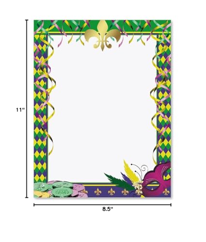 PaperDirect Mardi Gras Affair Border Papers, Party Stationery with Yellow Green Purple Harlequin Diamonds, Mask and Coins, 8.5 x 11, Acid-Free, Ideal for School, Business, Cards, 25 Sheets - color: Mardi Gras Affair