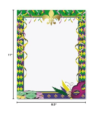 PaperDirect Mardi Gras Affair Border Papers, Party Stationery with Yellow Green Purple Harlequin Diamonds, Mask and Coins, 8.5 x 11, Acid-Free, Ideal for School, Business, Cards, 25 Sheets - color: Mardi Gras Affair