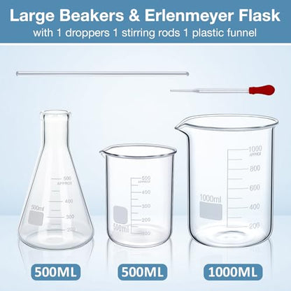 Tallew 9 Pcs Lab Glass Beaker Set Includes Glass Graduated Cylinder 500ml 1000ml Erlenmeyer Flask 500ml Graduated Cylinder Set 10ml 50ml 100ml with 1 Droppers 1 Stirring Rods Plastic Funnel