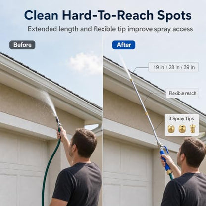 QWORK High Pressure Power Washer Wand, 39 Inch Water Hose Nozzle with Flexible Extension & 3 Brass Spray Tips for Car Wash, Gutter Cleaning, Patio, Pet Bath & Window Glass