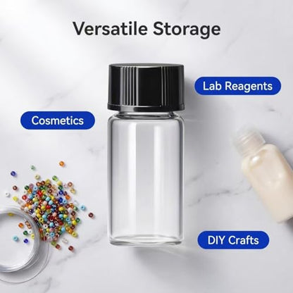 20ML Clear Glass Sample Vial, Liquid Sampling Sample Glass Bottle, Borosilicate Storage Glass Vial,27.5 * 57mm, Black 24-400 Polypropylene Screw Cap with PE Liners, Pack of 100 - size: 20ML