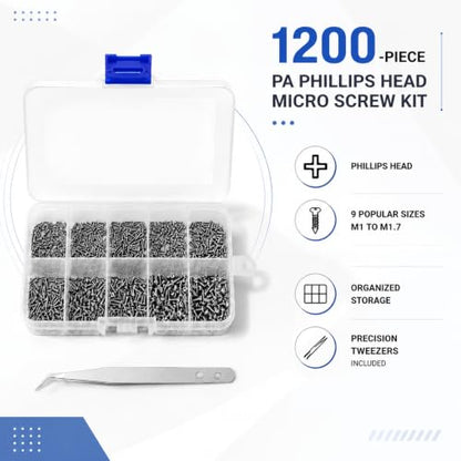 1200 Pcs Mini Screw Kit, Miniature Phillips Self Tapping Tiny Screws for Glasses Electronic Sunglasses Machine Watch Repair Screws Assortment (M1/M1.2/M1.4/M1.7) - size: 5.43*3.07*0.67