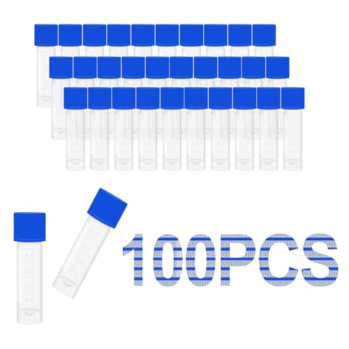 2ml Small Plastic vials w/Leak proof Caps, 2ml Cryogenic vials Sample Vials Self-Stand Cryotubes Cryovial w/Scale & Writing Area for Low Temperature Storage, 100pcs Boxed - size: 100 pcs with 100 well box