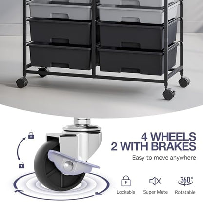 TOOLF 12 Drawers Rolling Storage Cart with Wooden Top for Classroom,Grey - color: Grey