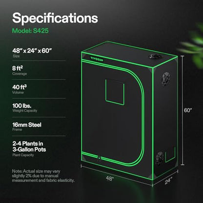 VIVOSUN S425 2x4 Grow Tent 48"x24"x60" High Reflective Mylar Tent - size: 48"x24"x60"