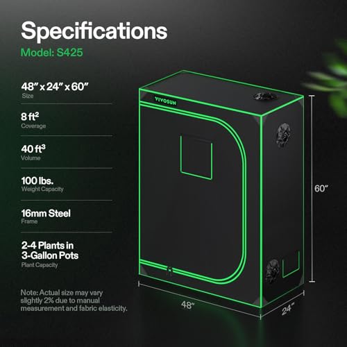 VIVOSUN S425 2x4 Grow Tent 48"x24"x60" High Reflective Mylar Tent - size: 48"x24"x60"