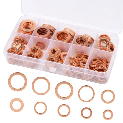 350 Pcs Copper Metric Crush Washer Assortment Kit, M5, M6, M8, M10, M12,M14