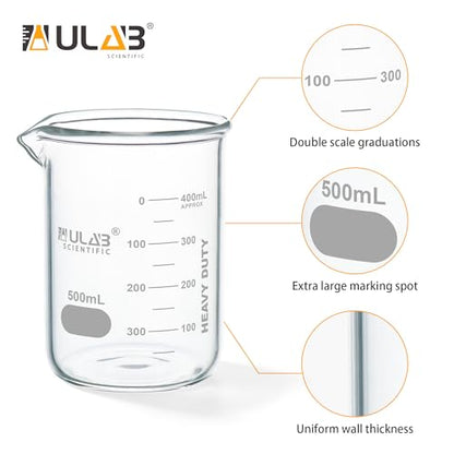 ULAB Scientific Glass Beaker Set, Vol. 500ml, 3.3 Borosilicate Griffin Low Form with Printed Graduation, Pack of 4, UBG1016 - style: Vol.500ml,Pack of 4