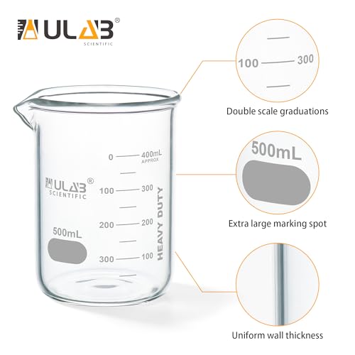 ULAB Scientific Glass Beaker Set, Vol. 500ml, 3.3 Borosilicate Griffin Low Form with Printed Graduation, Pack of 4, UBG1016 - style: Vol.500ml,Pack of 4