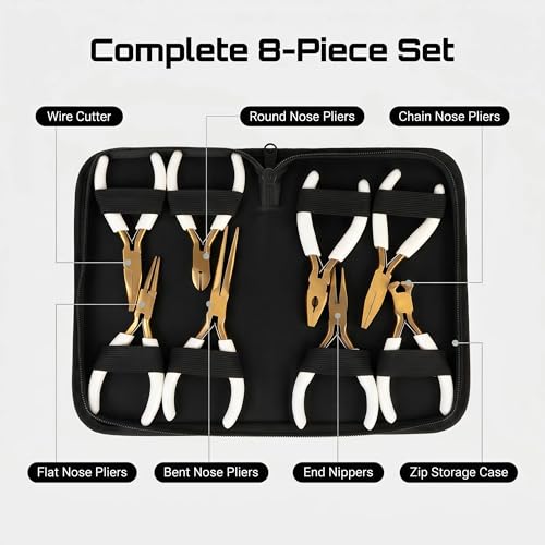 8 PCS Jewelry Pliers Set,Mini 4.5’’ Jewelry Making Tools with Storage Pouch, Stainless Steel Precision Pliers for Bracelet Beading DIY Craft Jewelry Making Supplies (White) - color: White