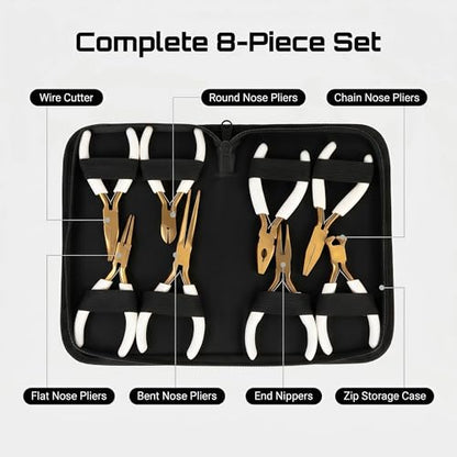 8 PCS Jewelry Pliers Set,Mini 4.5’’ Jewelry Making Tools with Storage Pouch, Stainless Steel Precision Pliers for Bracelet Beading DIY Craft Jewelry Making Supplies (White) - color: White
