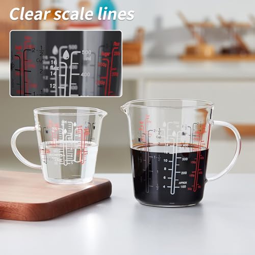 Unbreakable Glass Measuring Cup with V-Shaped Spout and Handle - For Baking and Cooking, 2 Cup Measuring and Tea Cup, Easy-to-Read Markings for Cooking and Beverage Use, 500ml /200ml