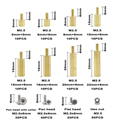 M2.5 Brass Male-Female Hex Standoffs, 304 SS Screws & Hex Nuts Kit - size: M2.5