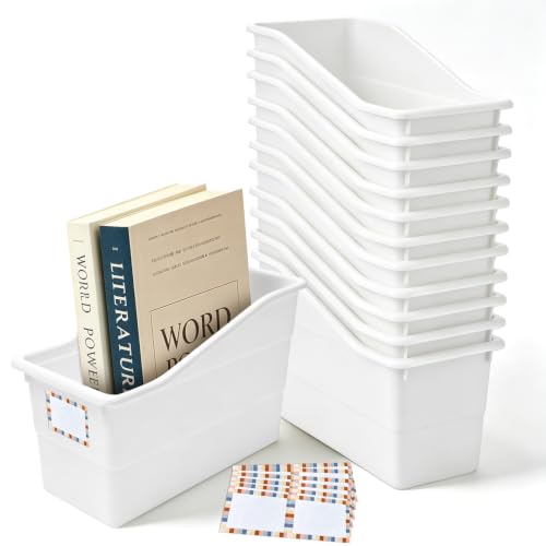 12 Pack Book Bins for Classroom Stackable Plastic Storage with Labels - color: White