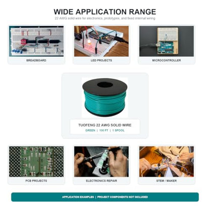 TUOFENG 22 AWG Solid Core Wire - Breadboard Jumper, Green 100ft - size: 22 AWG Solid Wire - Green - 100ft