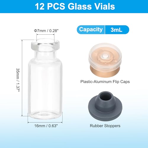 PATIKIL 12pcs 3ml Clear Borosilicate Glass Sample Vials with Aluminum Plastic Cap and Rubber Stopper for Lab Solid Liquid Powder Storage, Gold Tone - color: Clear/Gold Tone, size: 3ml