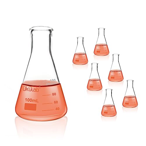 Conical Flask Set, Glass Erlenmeyer Flasks, 6pcs of Vol.100ml, Borosilicate 3.3 Glass Material with Printed Graduation.EFNG100A6 - style: Vol.100ml, pack of 6