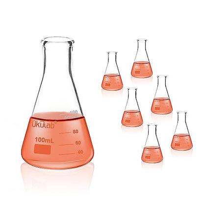 Conical Flask Set, Glass Erlenmeyer Flasks, 6pcs of Vol.100ml, Borosilicate 3.3 Glass Material with Printed Graduation.EFNG100A6 - style: Vol.100ml, pack of 6