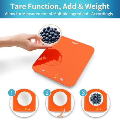 Vitafit 33lb/15kg Digital Food Scale in High Precision 0.1oz/1g, Our Own Kitchen Scale Professional Factory Since 2001, Kitchen Essentials for Cooking & Baking, LED, 3xAAA Battery, Refreshing Orange