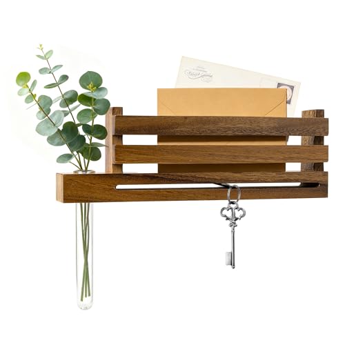 AELS Solid Walnut Wall Mounted Key Holder with Acrylic Vase & Mail Organizer, Wooden Entryway Key Rack with 5.9" Test Tube Vase, Decorative Key Hanger with Slot for Keys and Letters, Brown, Gift Idea - color: Walnut