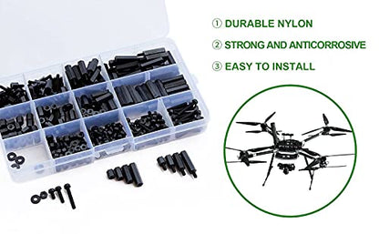 LitOrange 320PCS M2 Male Female Nylon Hex Spacer Standoff Screw Nut Assorted Assortment Kit (Black)