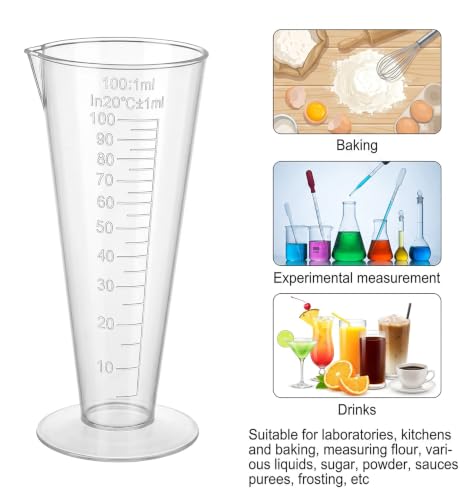 2 Pack 100ml Measuring Cup, Clear Plastic Cone Round Base