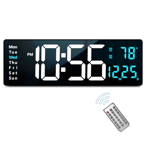 Abovsare 16.2 Inch Large Display Wall Clocks, LED Digital Clock with Remote Control for Living Room Decor, Automatic Brightness Dimmer Clock with Date Week Temperature (Blue) - color: Blue