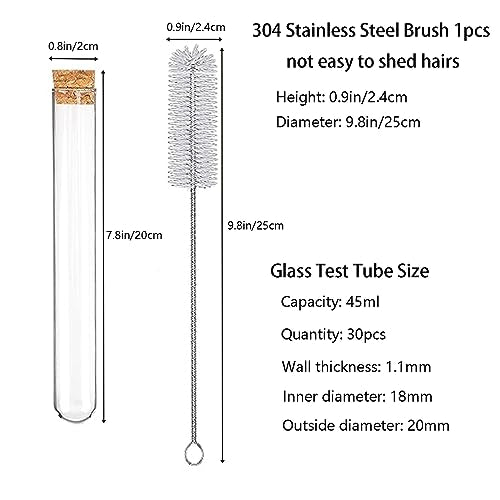 30pcs 45ml Glass Test Tubes 20 x 200mm with Cork Stoppers and Brush for Scientific Experiments and Plant Propagation Test Tubes - size: 20x200mm/45ml 30pcs