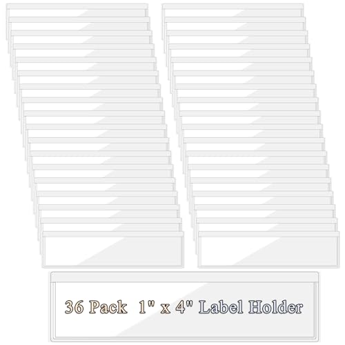 Antner 36 Pack 1.2" x 4.3" Self-Adhesive Label Holders Index Card Pockets for 1" x 4" Card, Clear Plastic Shelf Tag Label Holder Top Open for Loading for Bookshelf Mailbox Storage Bins Library Locker - size: 1" x 4" - 36PCS