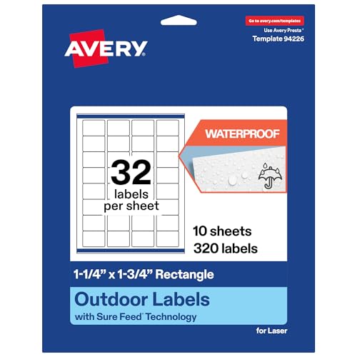 Avery Outdoor Waterproof Rectangle Labels with Sure Feed Technology, 1.25" x 1.75", White Film, Compatible with Laser Printers, 320 Labels Total, Great for Product Branding, Packaging, and More - style: 320 labels