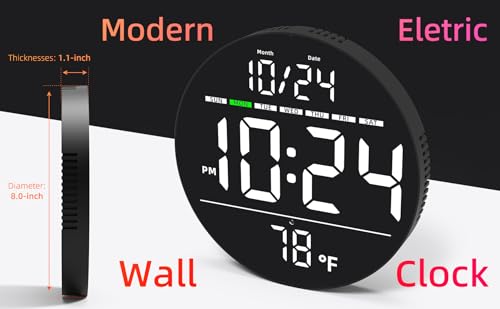 Digital Wall Clock with Large LED Display, Date, Temperature, Auto-Brightness | Small [PLUG-IN] Clock | Modern Electric Wall Clock for Bedroom, Classroom, Living Room, Home, Office, Farmhouse – White - color: White