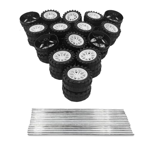 30PCS Toy Car Wheels 2mm Dia Shaft Plastic Car Wheels with 15PCS Shaft Round Rod Axles for DIY Model Toys RC Car Truck Robot Parts (White) - color: White